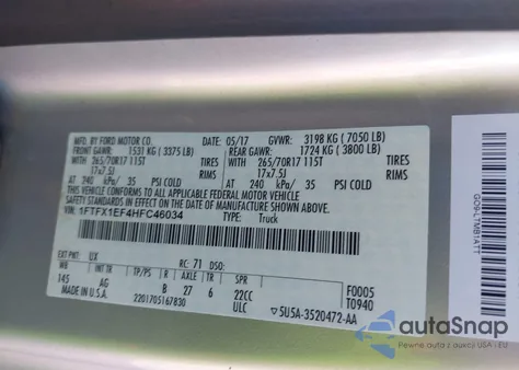 2017 Ford F-150 Xl z USA, uszkodzony, nr VIN 1FTFX1EF4HFC46034